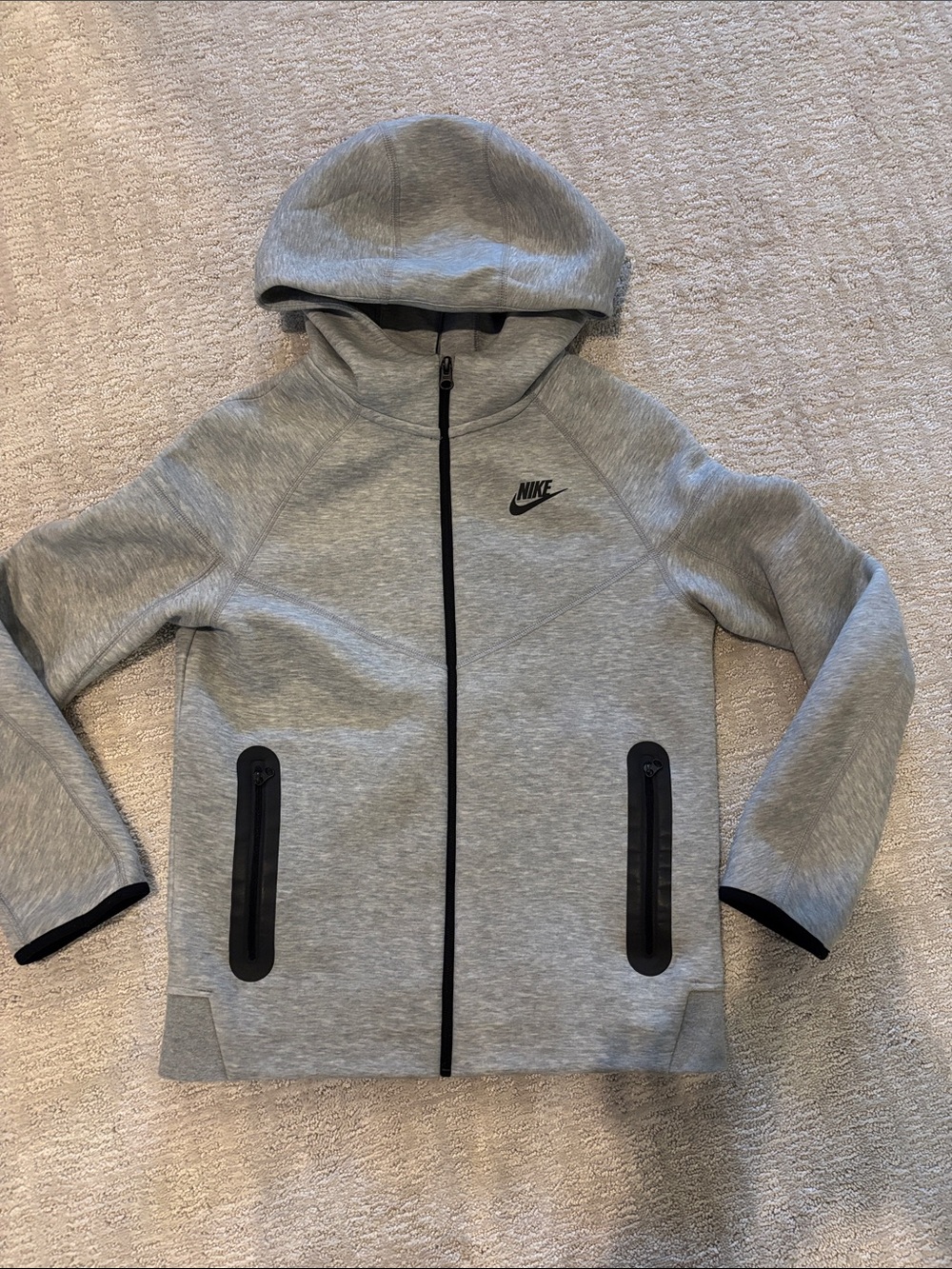 Nike Tech Gray Hooded Full-Zip Kids Sweatshirt with Black Accents